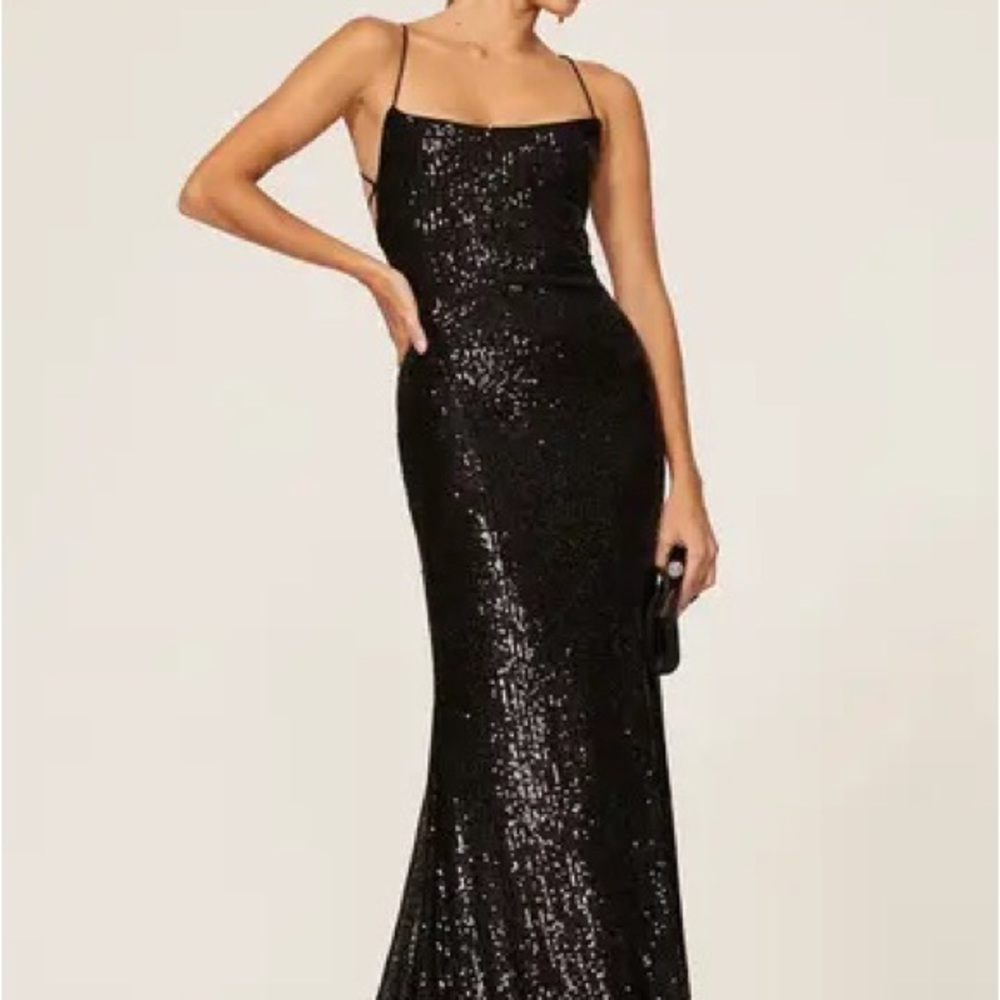 Ieena for Mac Duggal black sequin spaghetti strap gown (flawed) - size 8